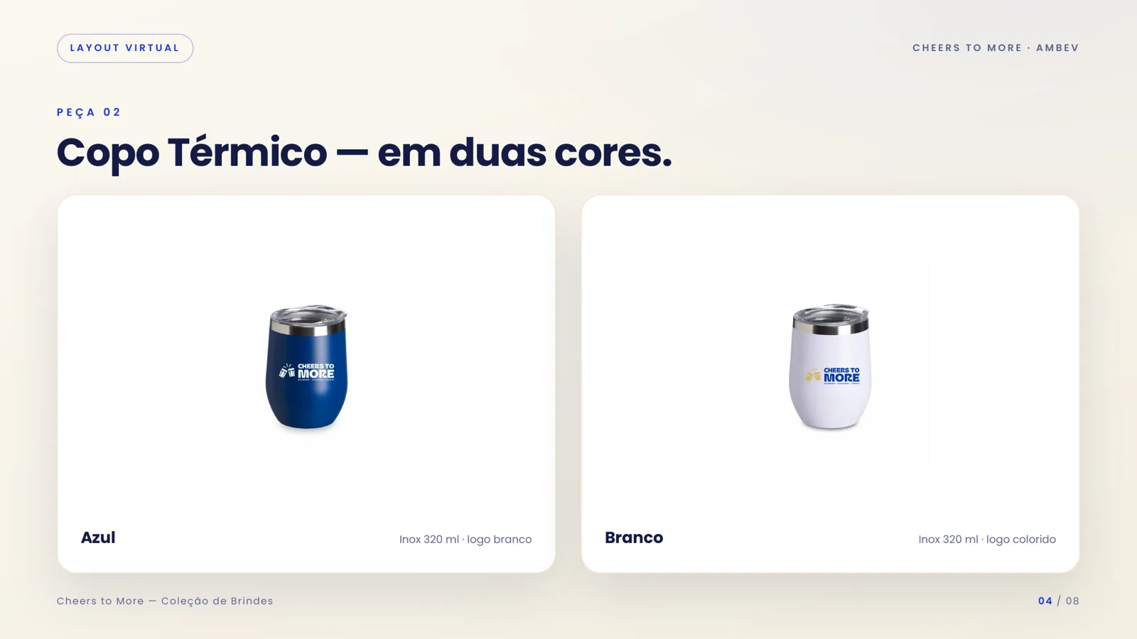 Copos térmicos azul e branco com a marca Cheers to More