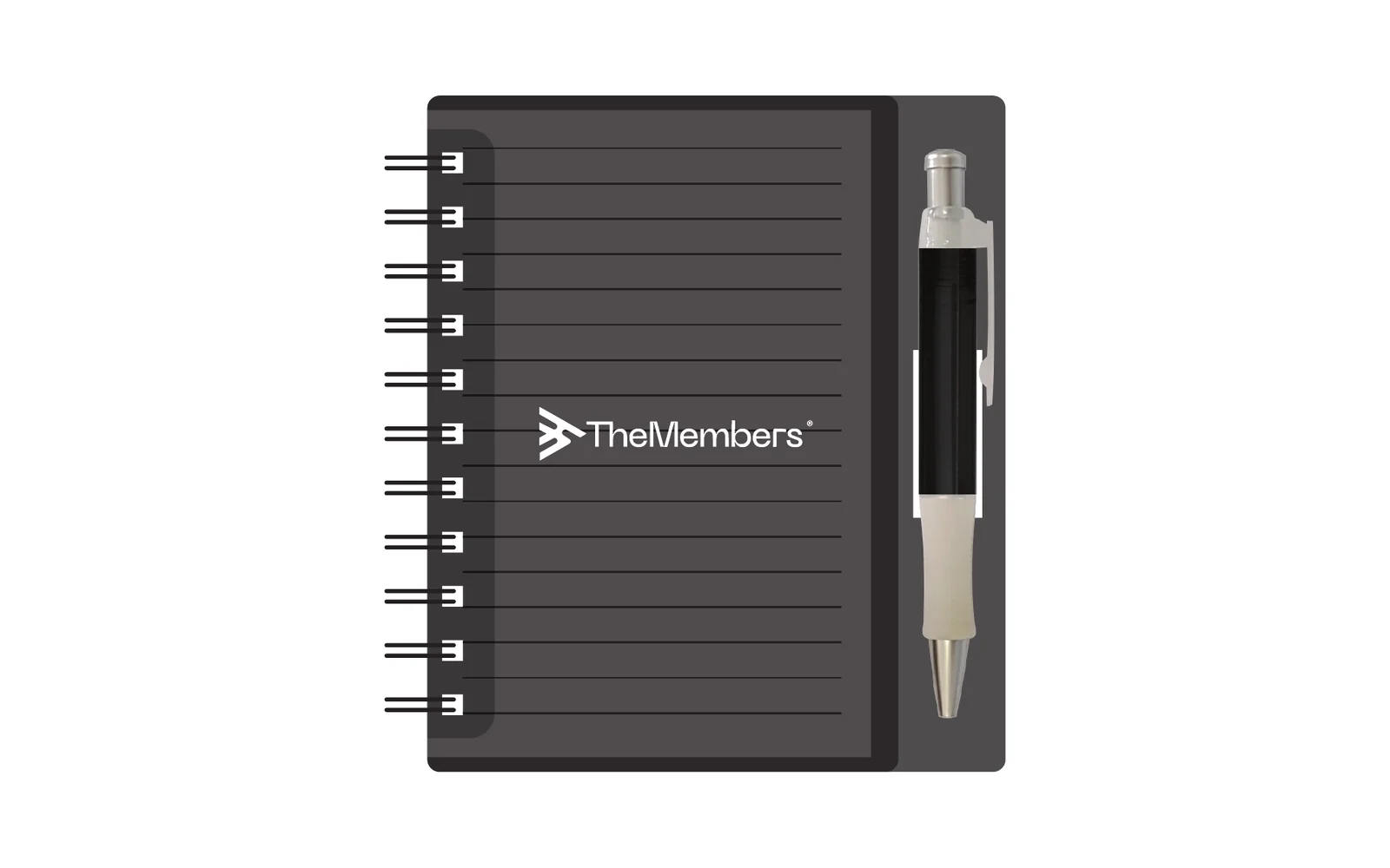 Caderno com caneta e a marca The Members aplicada
